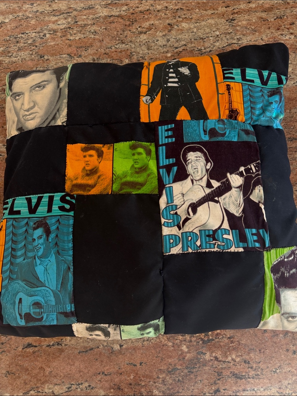 Vintage Elvis Presley Patchwork Throw Pillow - Black, Orange, Teal, Green